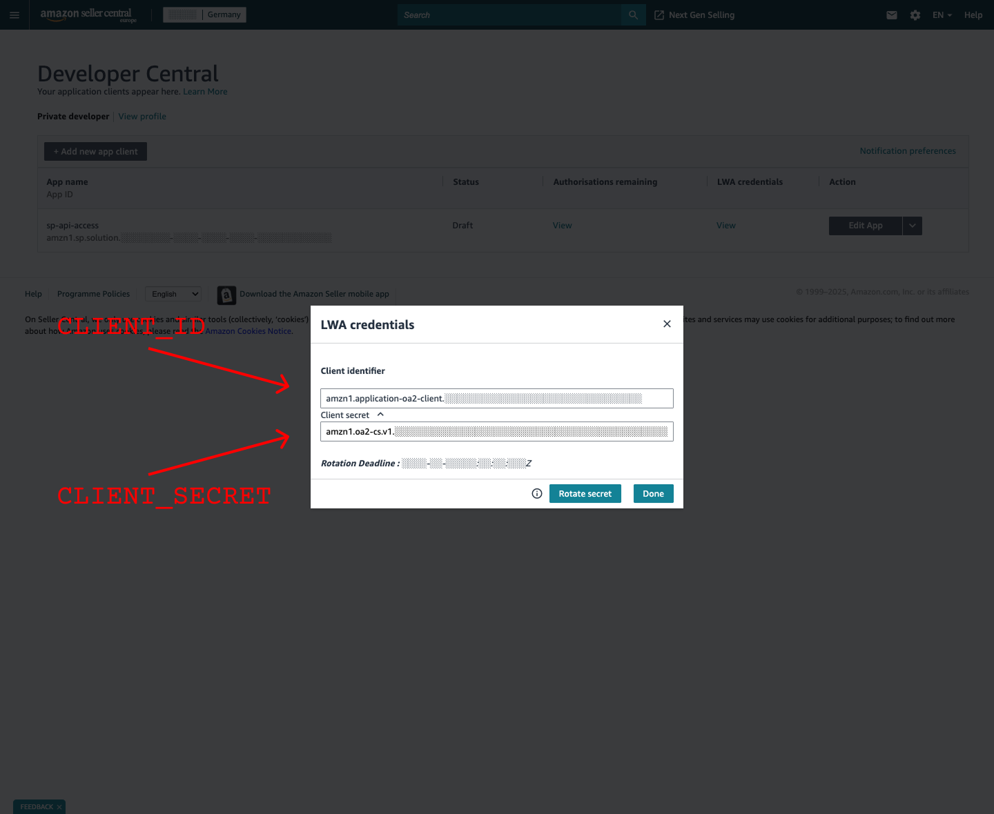 Developer Central - View LWA Credentials